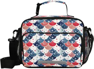 Kids Lunch Bag for Boys Girls Watercolor Red White Blue Mermaid Scales Insulated Lunch Box with Strap Men Women Reusable Bento Lunch Bag Cooler Tote Bag for School Outdoor Picnic Travel