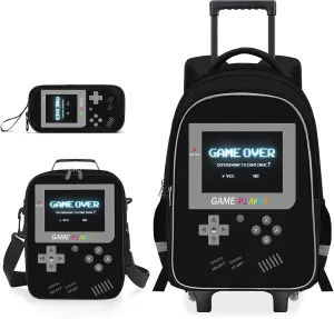 Kids Rolling Backpack for Boys - 3PCS Gamer Boys Rolling Backpack with Lunch Bag Set, Elementary Middle School Roller Bookbag with Adjustable Handle for Travel & School