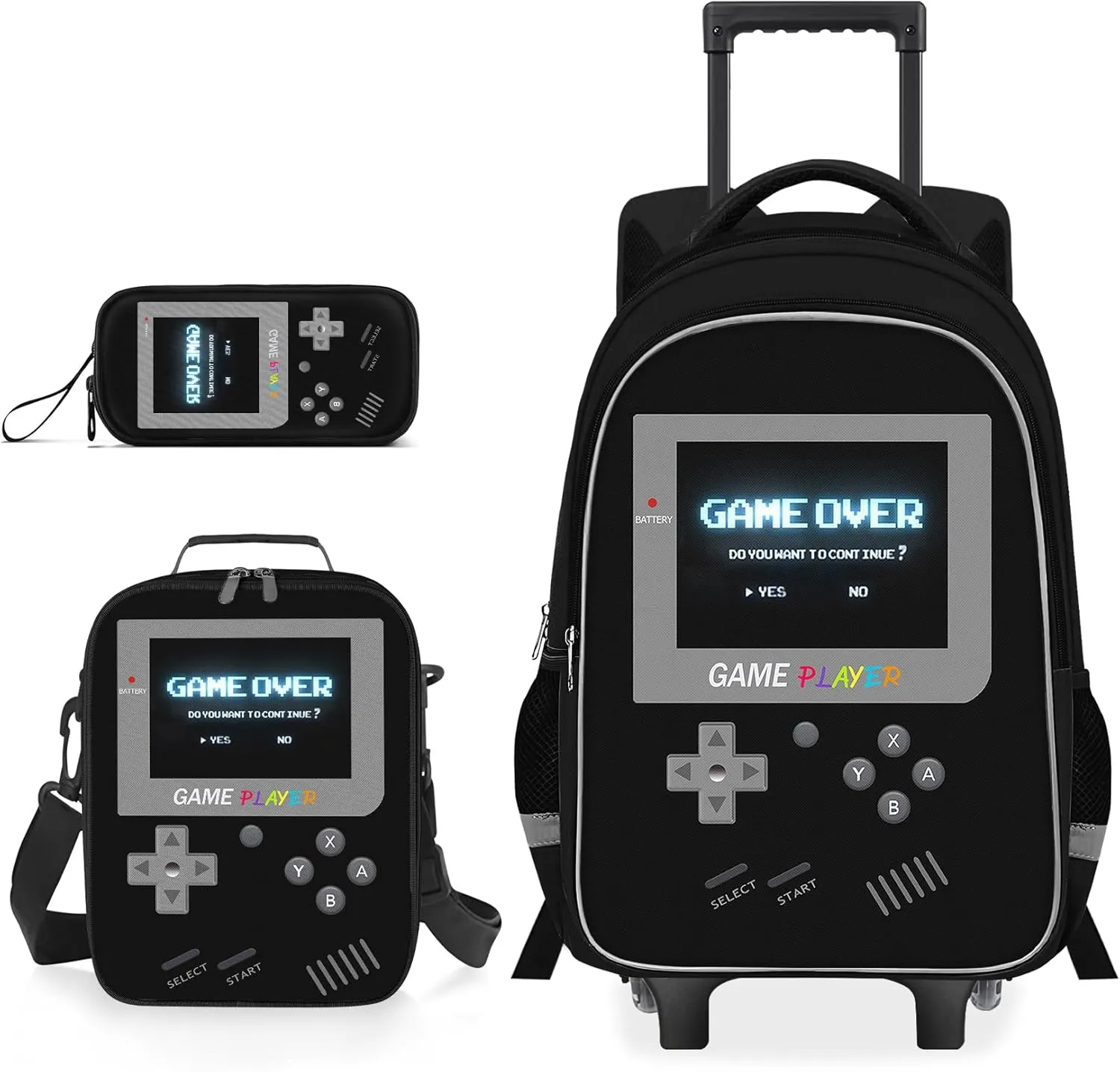 Kids Rolling Backpack for Boys - 3PCS Gamer Boys Rolling Backpack with Lunch Bag Set, Elementary Middle School Roller Bookbag with Adjustable Handle for Travel & School