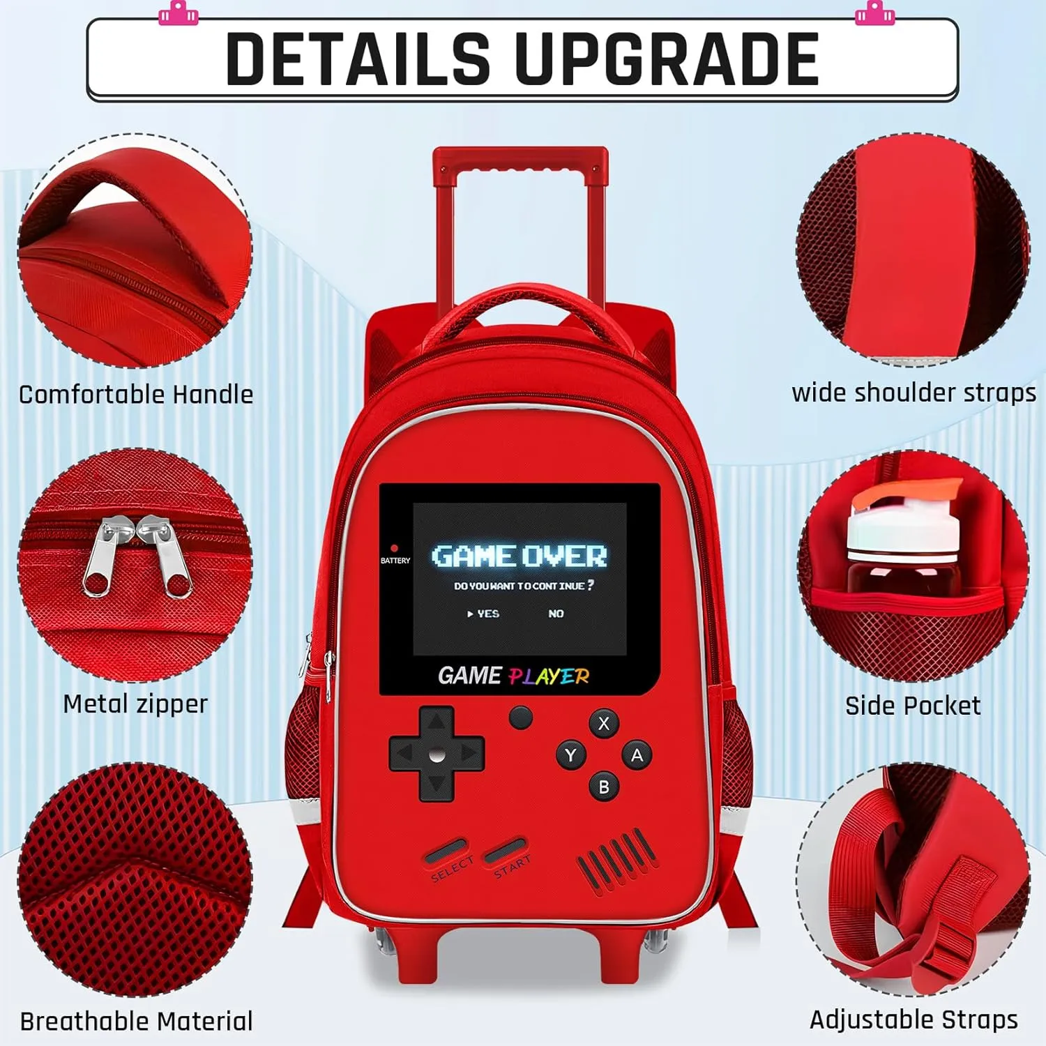 Kids Rolling Backpack for Boys - Gamer Boys Rolling Backpack with Wheels, Elementary Middle School Roller Bookbag with Adjustable Handle for Travel & School