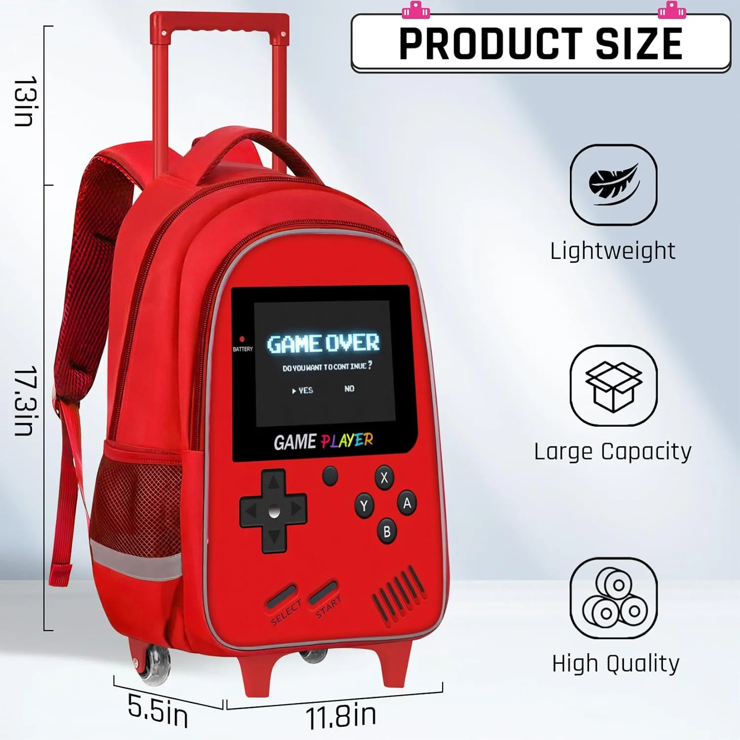 Kids Rolling Backpack for Boys - Gamer Boys Rolling Backpack with Wheels, Elementary Middle School Roller Bookbag with Adjustable Handle for Travel & School