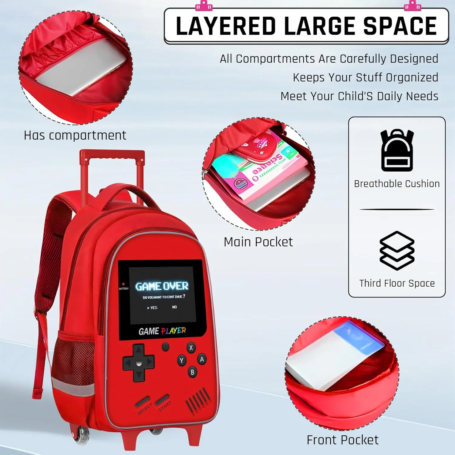 Kids Rolling Backpack for Boys - Gamer Boys Rolling Backpack with Wheels, Elementary Middle School Roller Bookbag with Adjustable Handle for Travel & School
