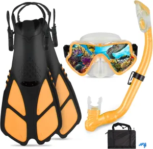 Kids Snorkeling Set - Adjustable Flippers   Panoramic Snorkel Mask   Dry Snorkel Tube   Travel Bags - Suitable for Kids & Juniors, Age 5-14
