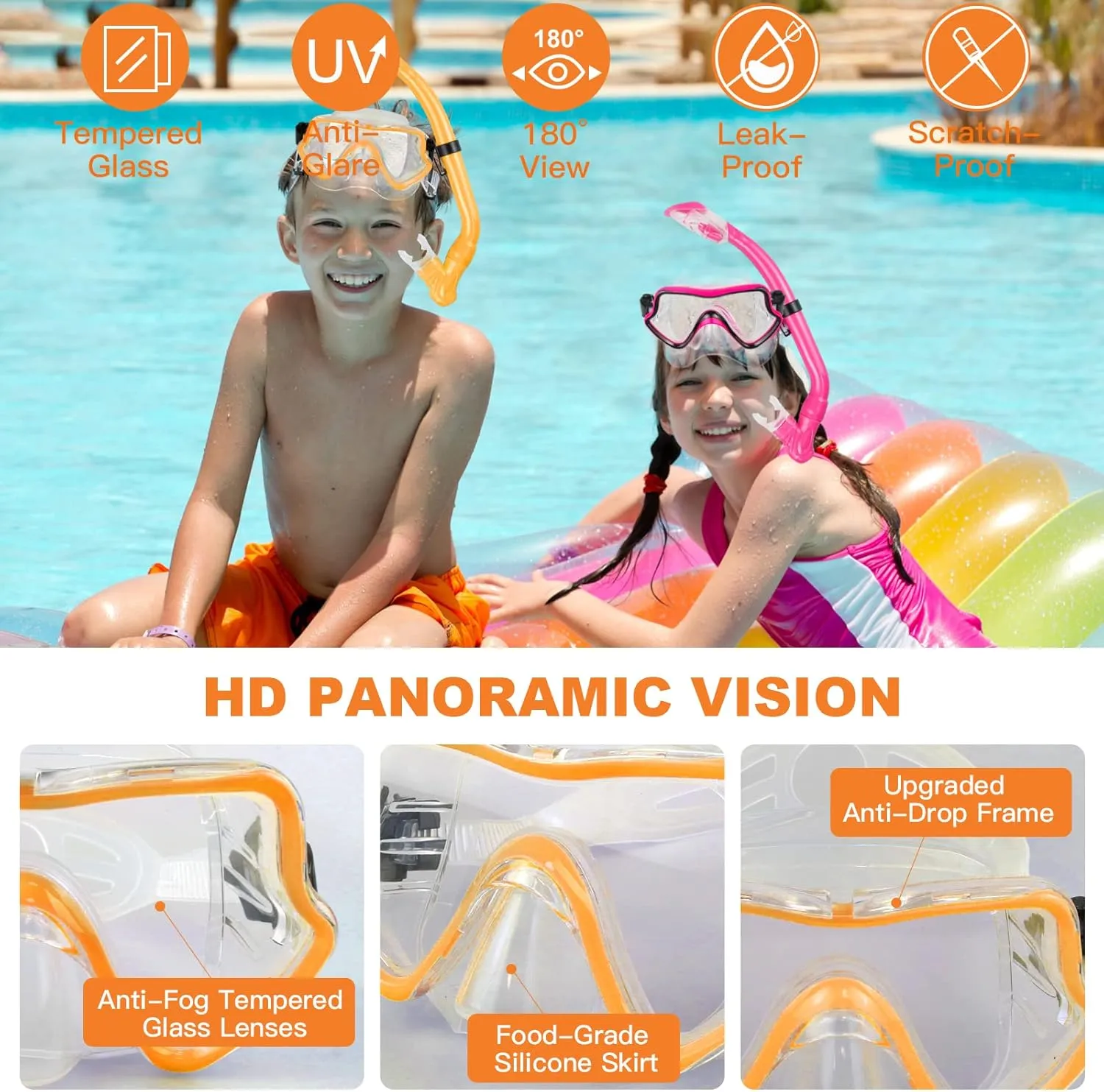 Kids Snorkeling Set - Adjustable Flippers   Panoramic Snorkel Mask   Dry Snorkel Tube   Travel Bags - Suitable for Kids & Juniors, Age 5-14