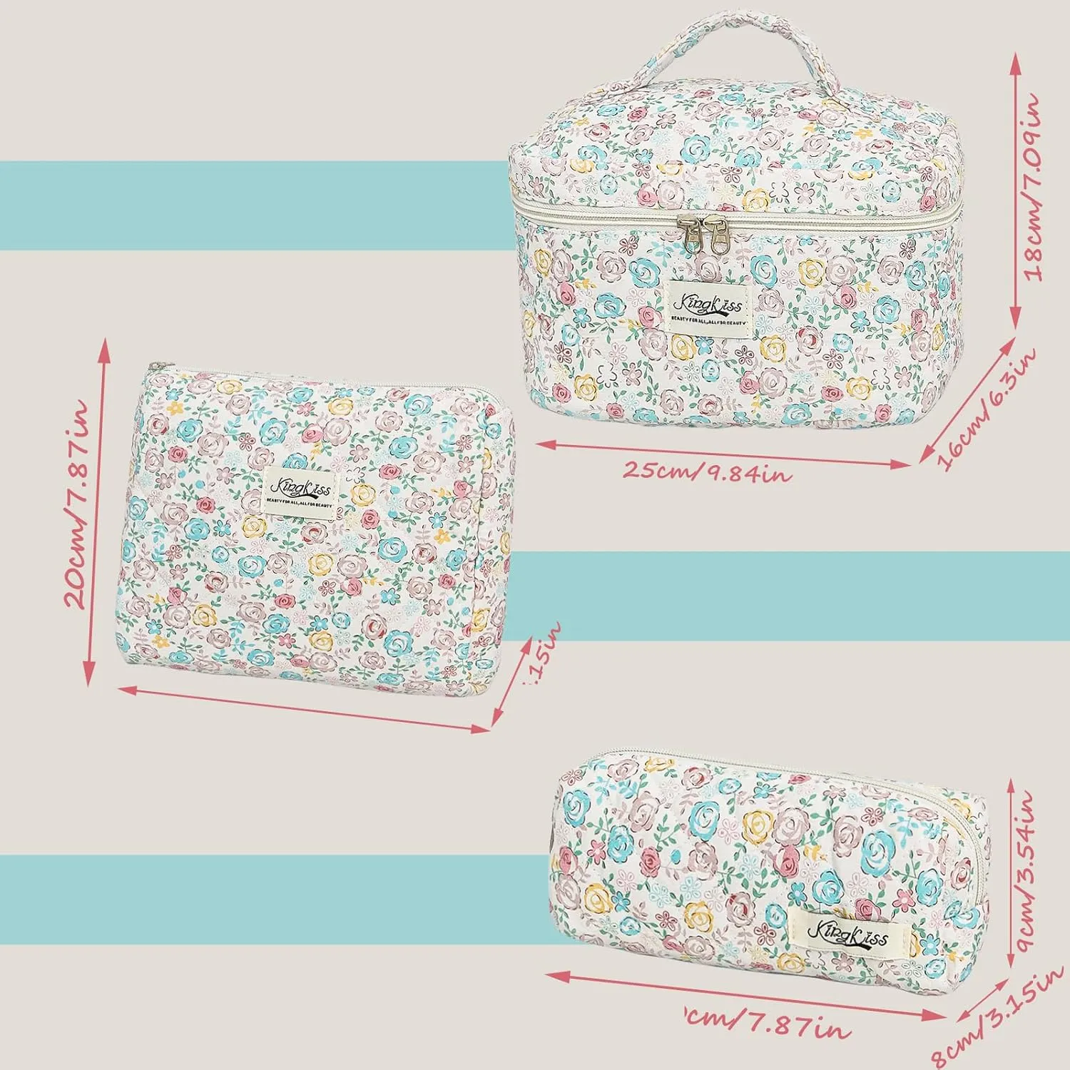kingkiss Makeup Bag, Quilted Cosmetic Bag, Large Capacity Make Up Bag for Women, Cute Floral Storage Toiletry Bag Travel Storage Makeup Bag(Blue#2)