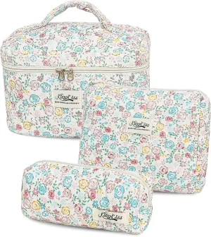 kingkiss Makeup Bag, Quilted Cosmetic Bag, Large Capacity Make Up Bag for Women, Cute Floral Storage Toiletry Bag Travel Storage Makeup Bag(Blue#2)