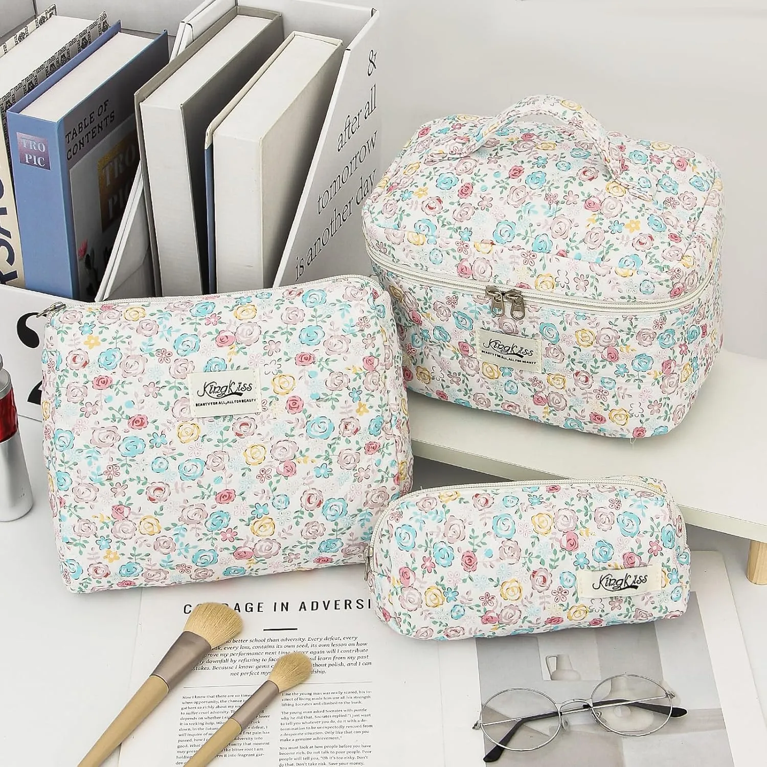 kingkiss Makeup Bag, Quilted Cosmetic Bag, Large Capacity Make Up Bag for Women, Cute Floral Storage Toiletry Bag Travel Storage Makeup Bag(Blue#2)