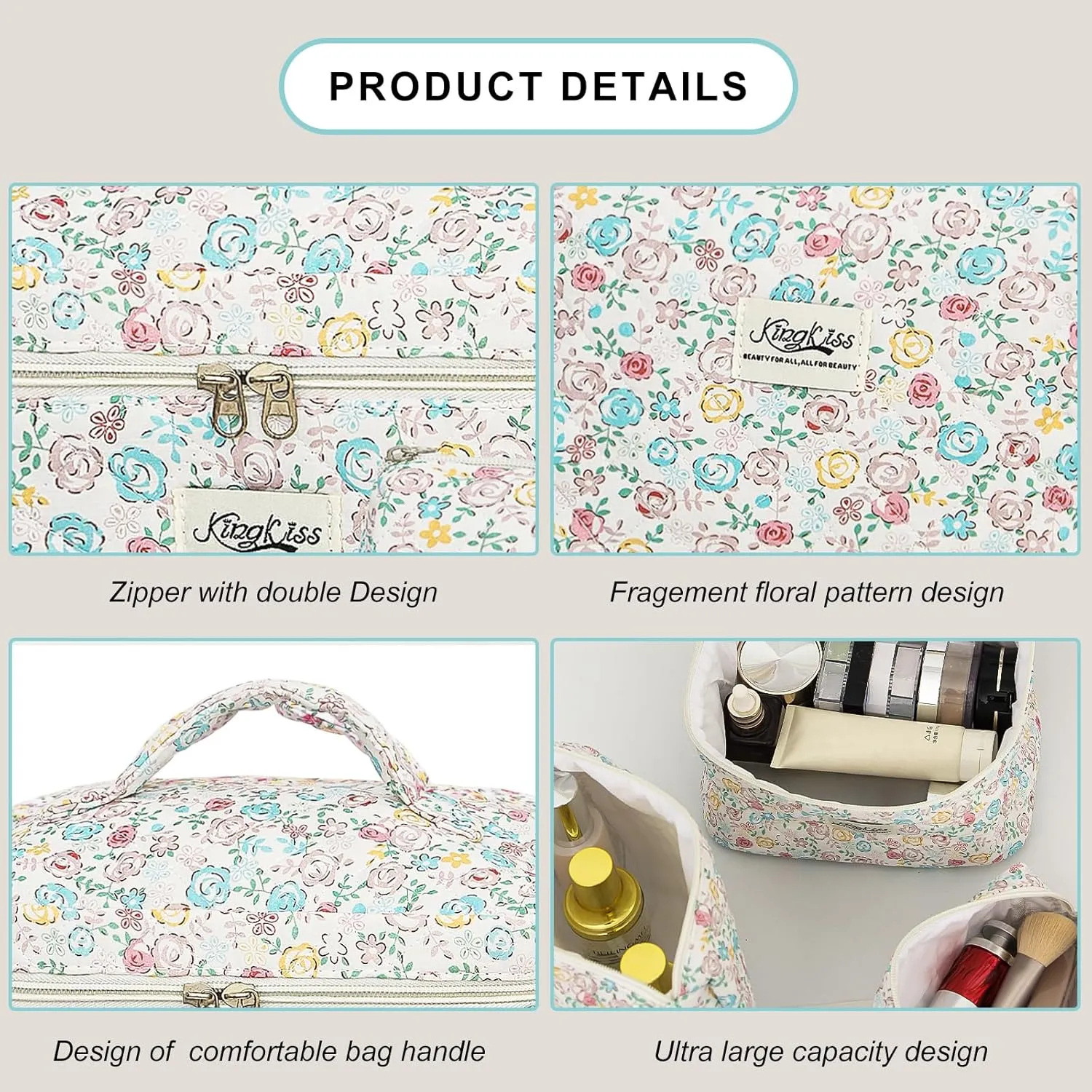 kingkiss Makeup Bag, Quilted Cosmetic Bag, Large Capacity Make Up Bag for Women, Cute Floral Storage Toiletry Bag Travel Storage Makeup Bag(Blue#2)