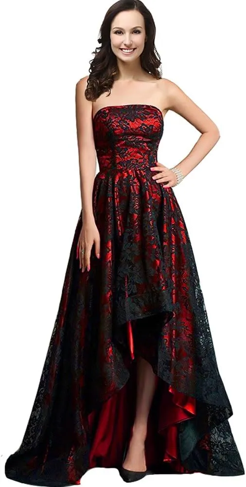 Kivary Strapless Black Lace High Low Long A Line Corset Prom Evening Formal Dresses