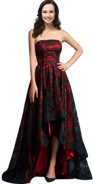 Kivary Strapless Black Lace High Low Long A Line Corset Prom Evening Formal Dresses