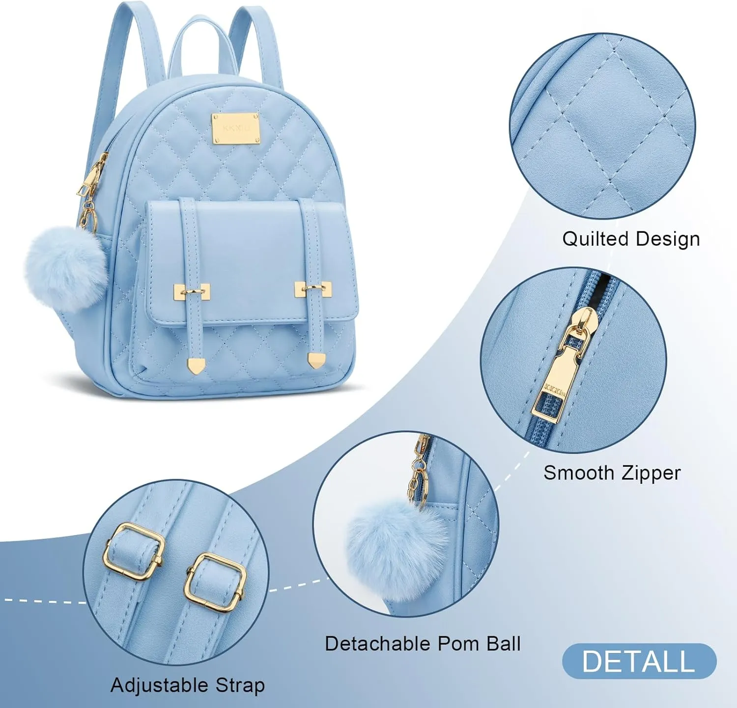 KKXIU Girls Small Backpack Purse Vegan Leather Quilted Mini Daypack for Women Trendy Bookbag (Blue)