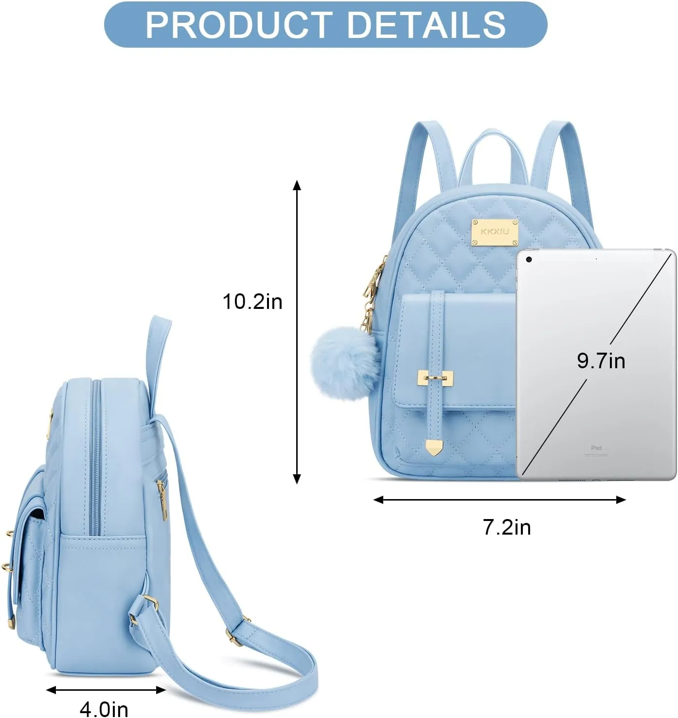 KKXIU Girls Small Backpack Purse Vegan Leather Quilted Mini Daypack for Women Trendy Bookbag (Blue)