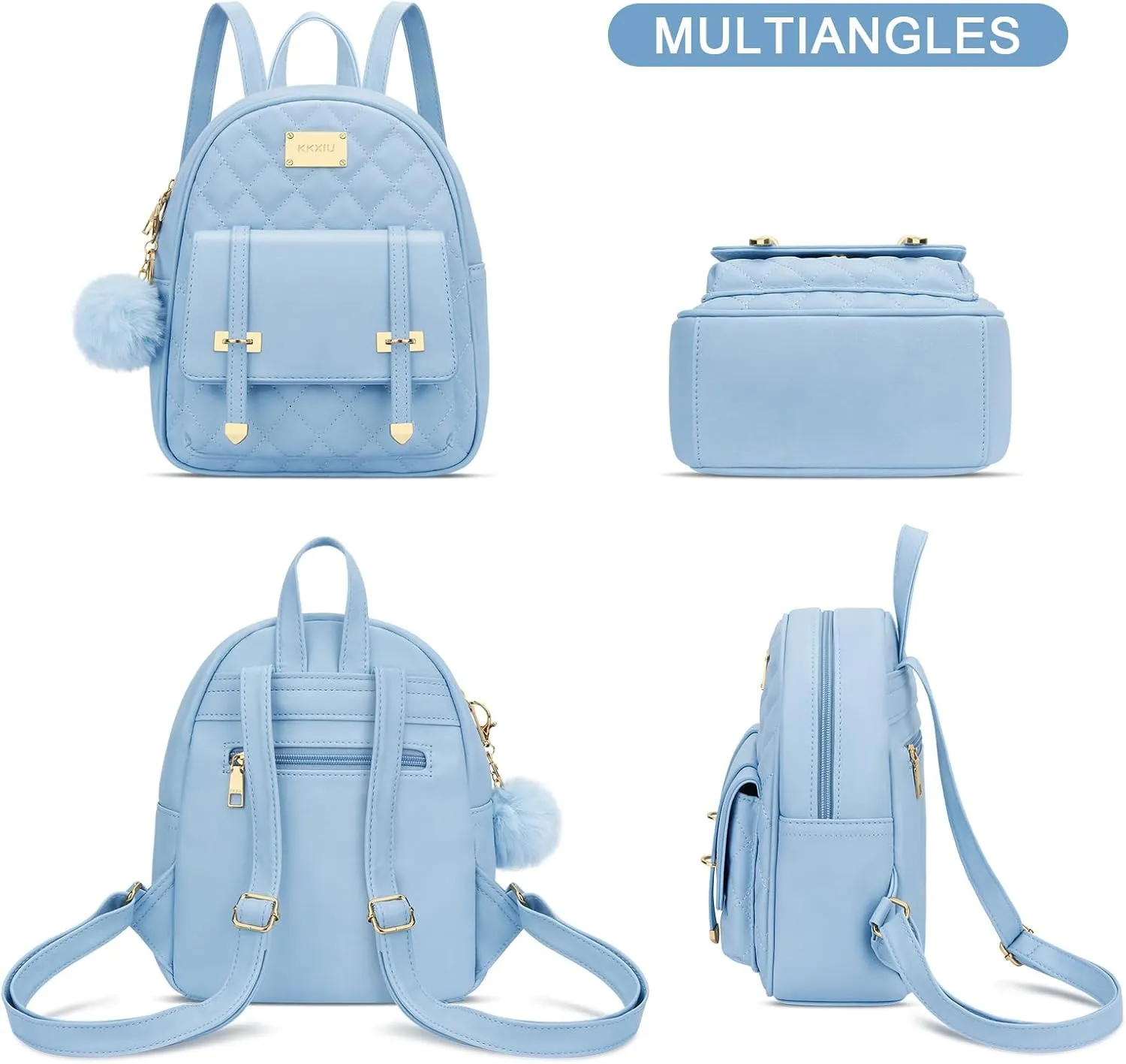 KKXIU Girls Small Backpack Purse Vegan Leather Quilted Mini Daypack for Women Trendy Bookbag (Blue)