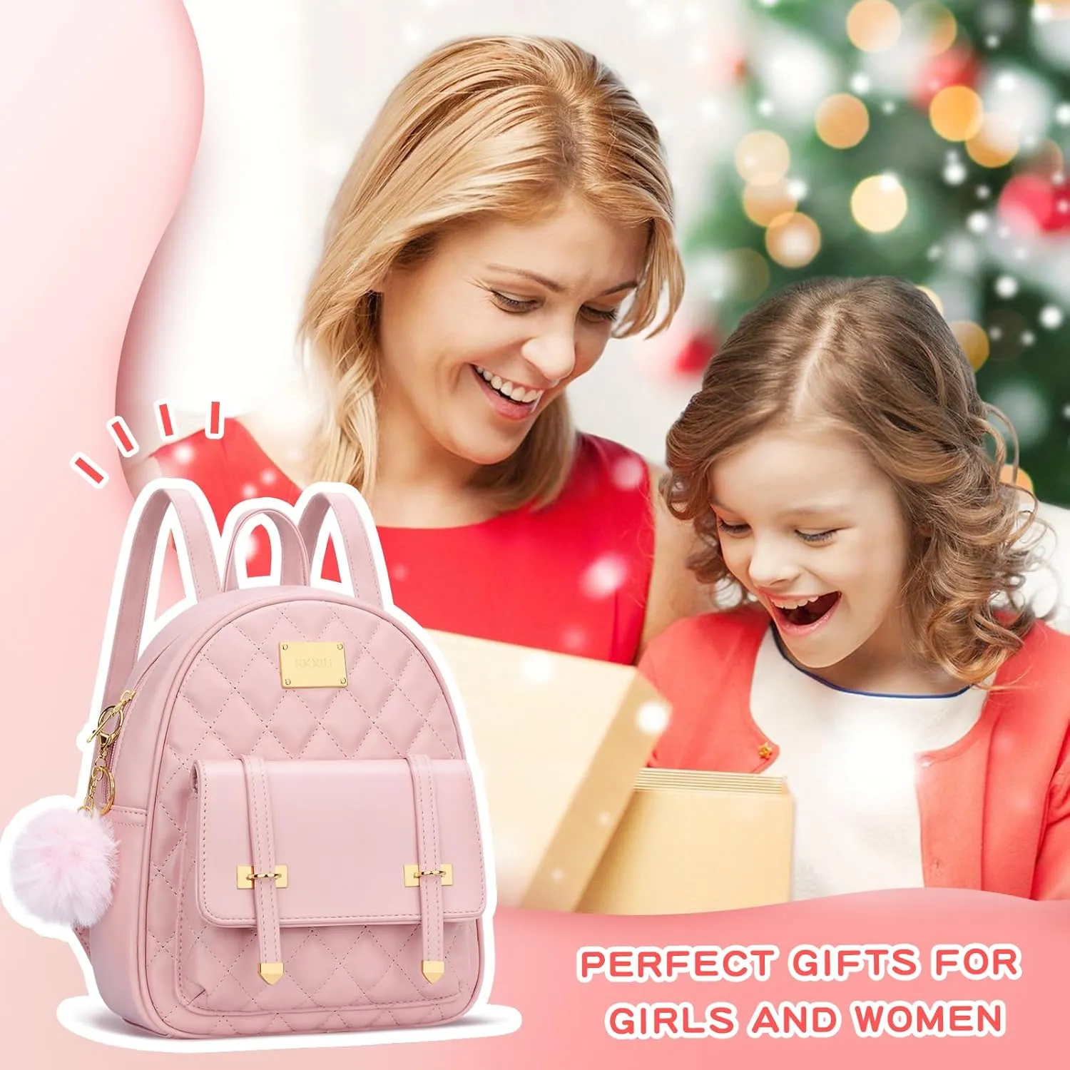 KKXIU Girls Small Backpack Purse Vegan Leather Quilted Mini Daypack for Women Trendy Bookbag (Pink)