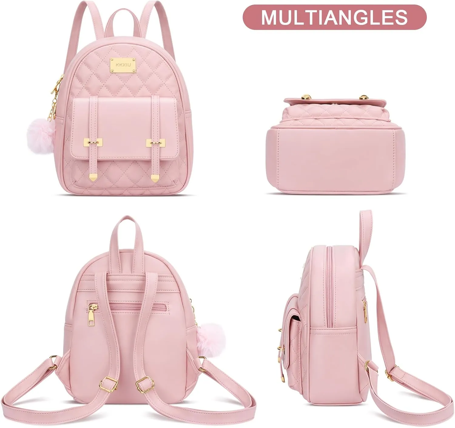 KKXIU Girls Small Backpack Purse Vegan Leather Quilted Mini Daypack for Women Trendy Bookbag (Pink)