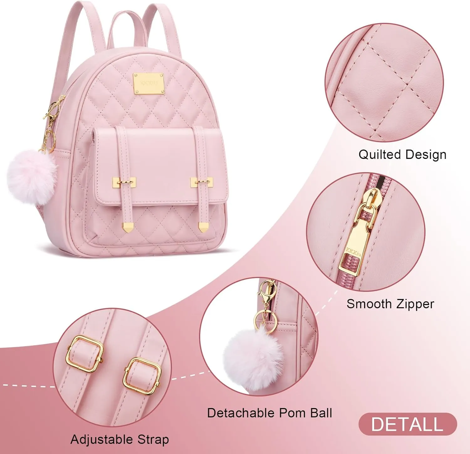 KKXIU Girls Small Backpack Purse Vegan Leather Quilted Mini Daypack for Women Trendy Bookbag (Pink)