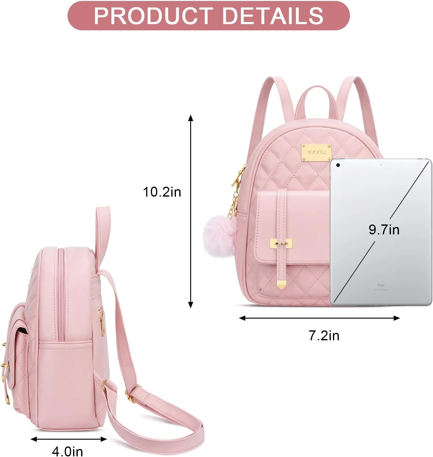 KKXIU Girls Small Backpack Purse Vegan Leather Quilted Mini Daypack for Women Trendy Bookbag (Pink)