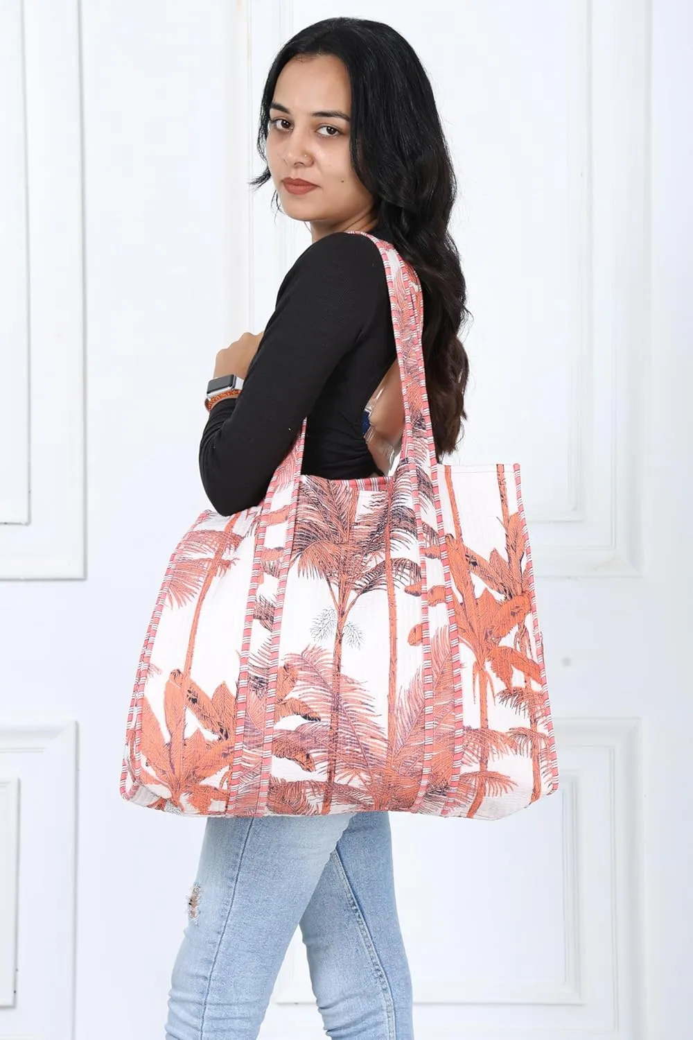 KLAVATE Women Handblock Lightweight Travel Bag Purse Cotton Shoulder Tote Bag For Shopping Grocery & Beach Bag Gift For Her