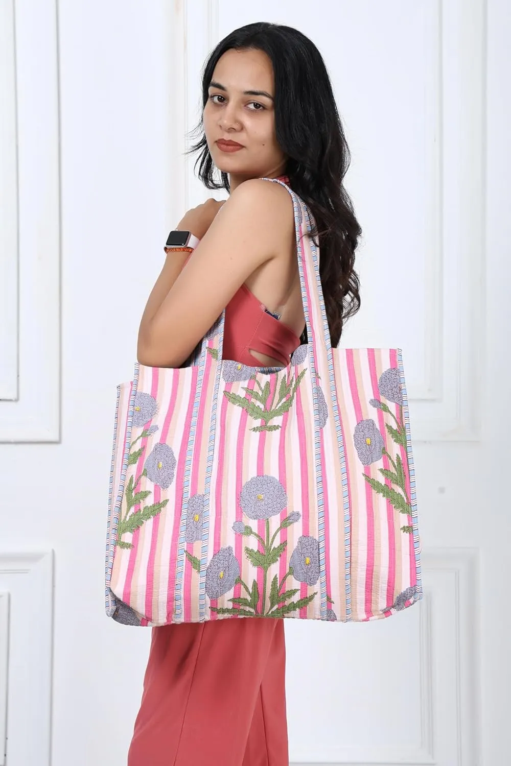 KLAVATE Women Handblock Lightweight Travel Bag Purse Cotton Shoulder Tote Bag For Shopping Grocery & Beach Bag Gift For Her