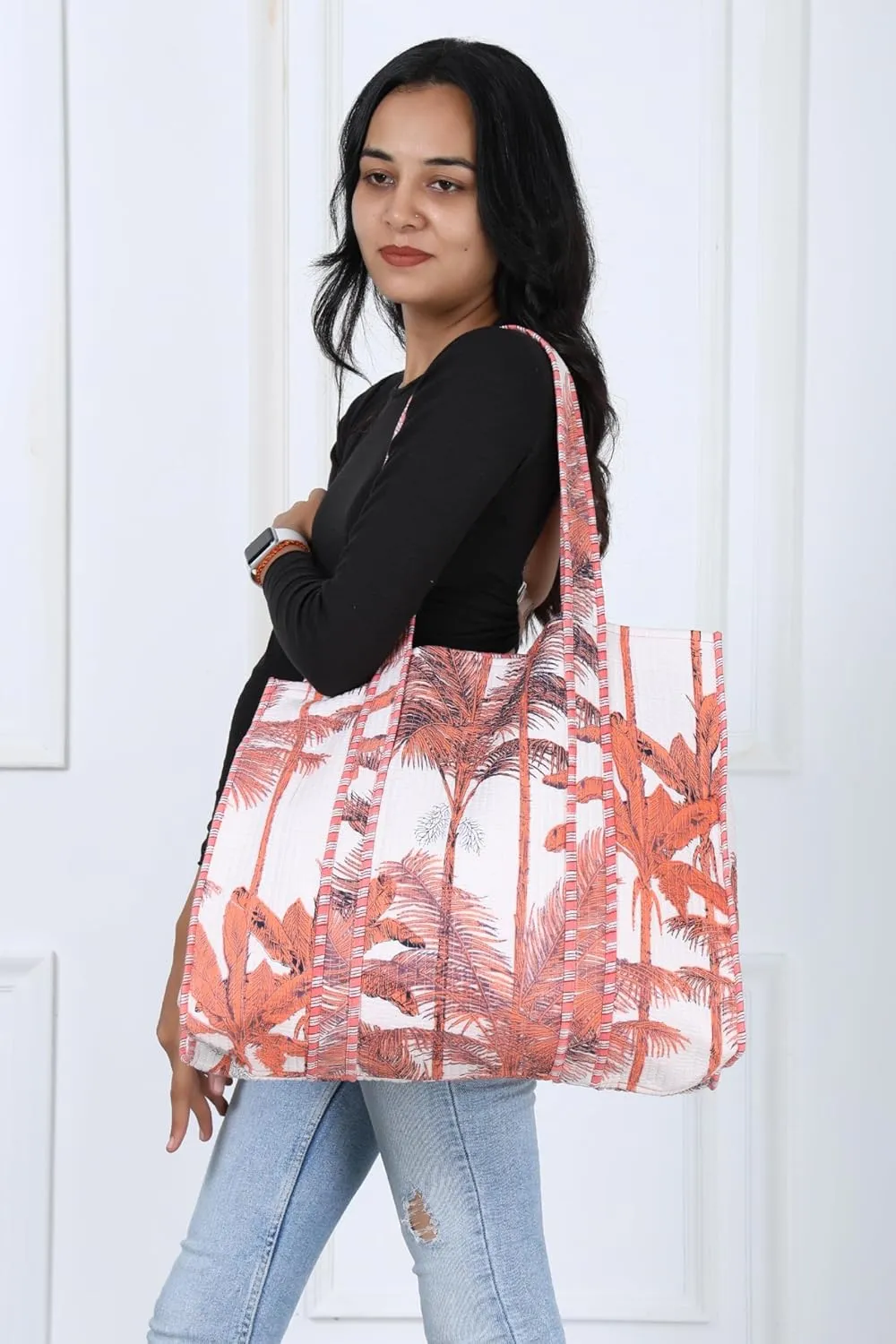 KLAVATE Women Handblock Lightweight Travel Bag Purse Cotton Shoulder Tote Bag For Shopping Grocery & Beach Bag Gift For Her