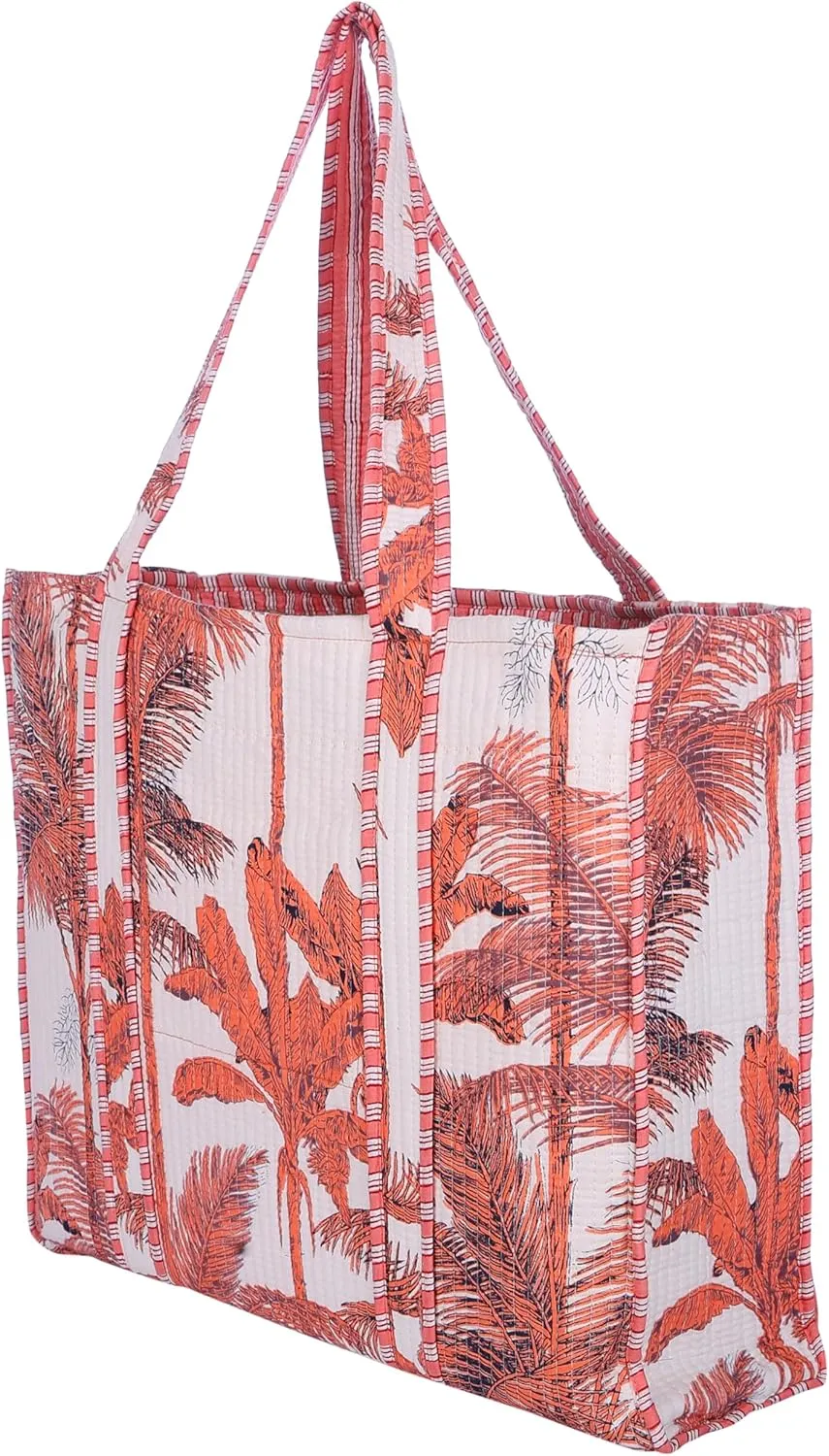 KLAVATE Women Handblock Lightweight Travel Bag Purse Cotton Shoulder Tote Bag For Shopping Grocery & Beach Bag Gift For Her