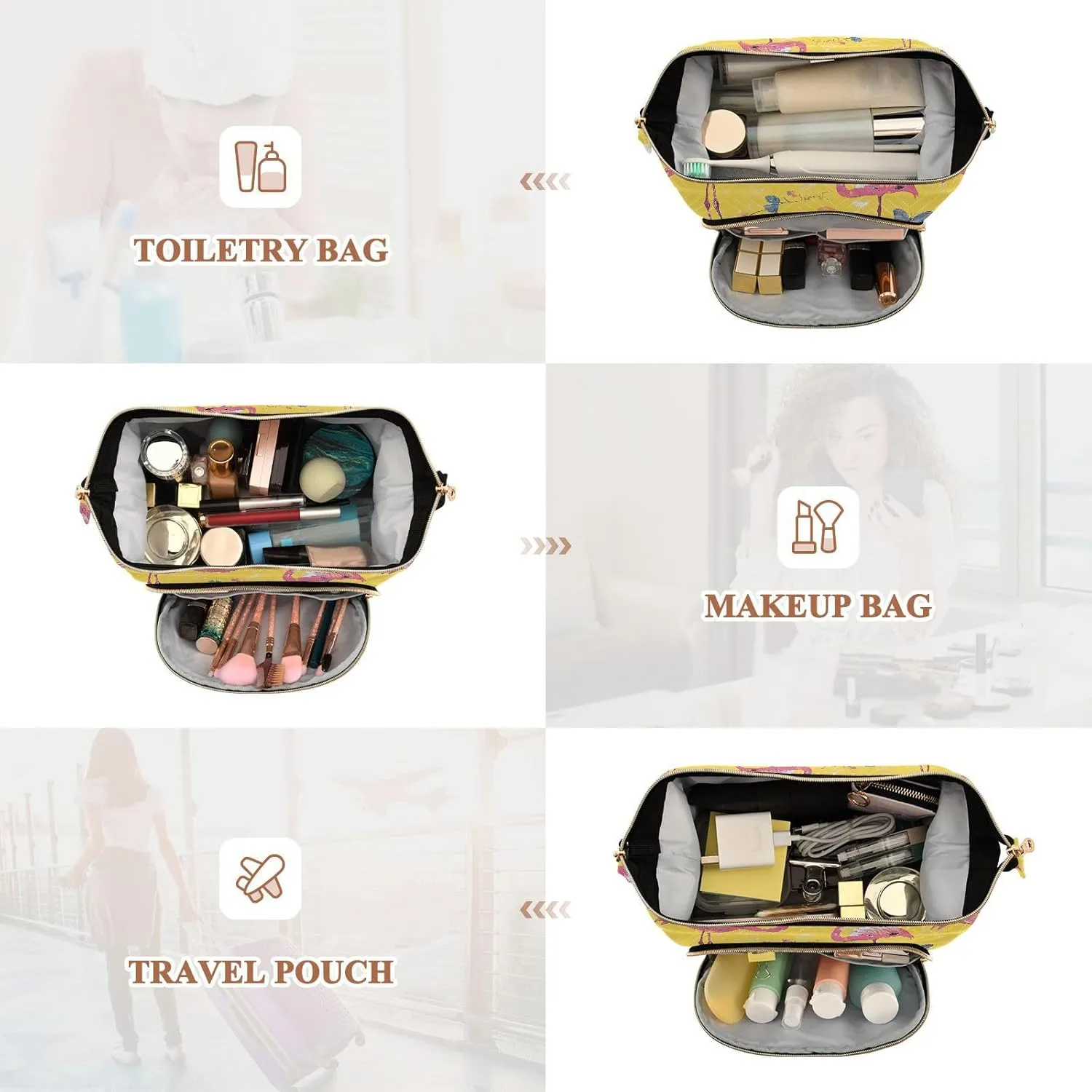 KLL Sweet Flamingo Yellow Makeup Bag Lightweight Bathroom Storage Bag Jewelry for Cosmetic Travel