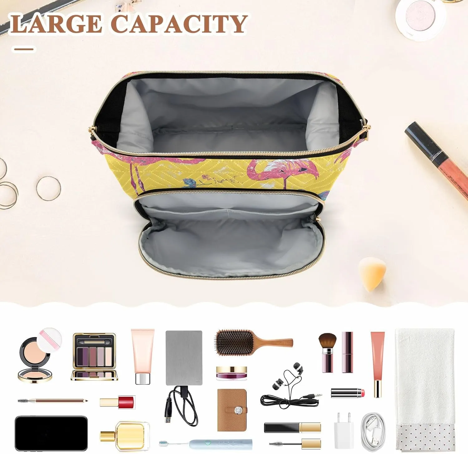 KLL Sweet Flamingo Yellow Makeup Bag Lightweight Bathroom Storage Bag Jewelry for Cosmetic Travel