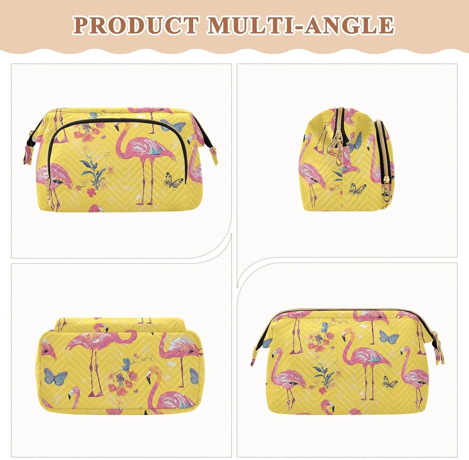 KLL Sweet Flamingo Yellow Makeup Bag Lightweight Bathroom Storage Bag Jewelry for Cosmetic Travel