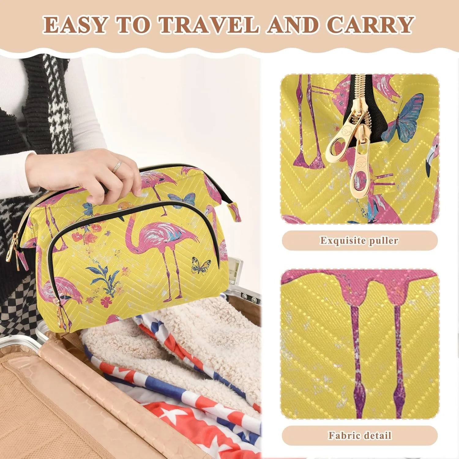 KLL Sweet Flamingo Yellow Makeup Bag Lightweight Bathroom Storage Bag Jewelry for Cosmetic Travel