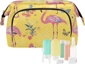 KLL Sweet Flamingo Yellow Makeup Bag Lightweight Bathroom Storage Bag Jewelry for Cosmetic Travel