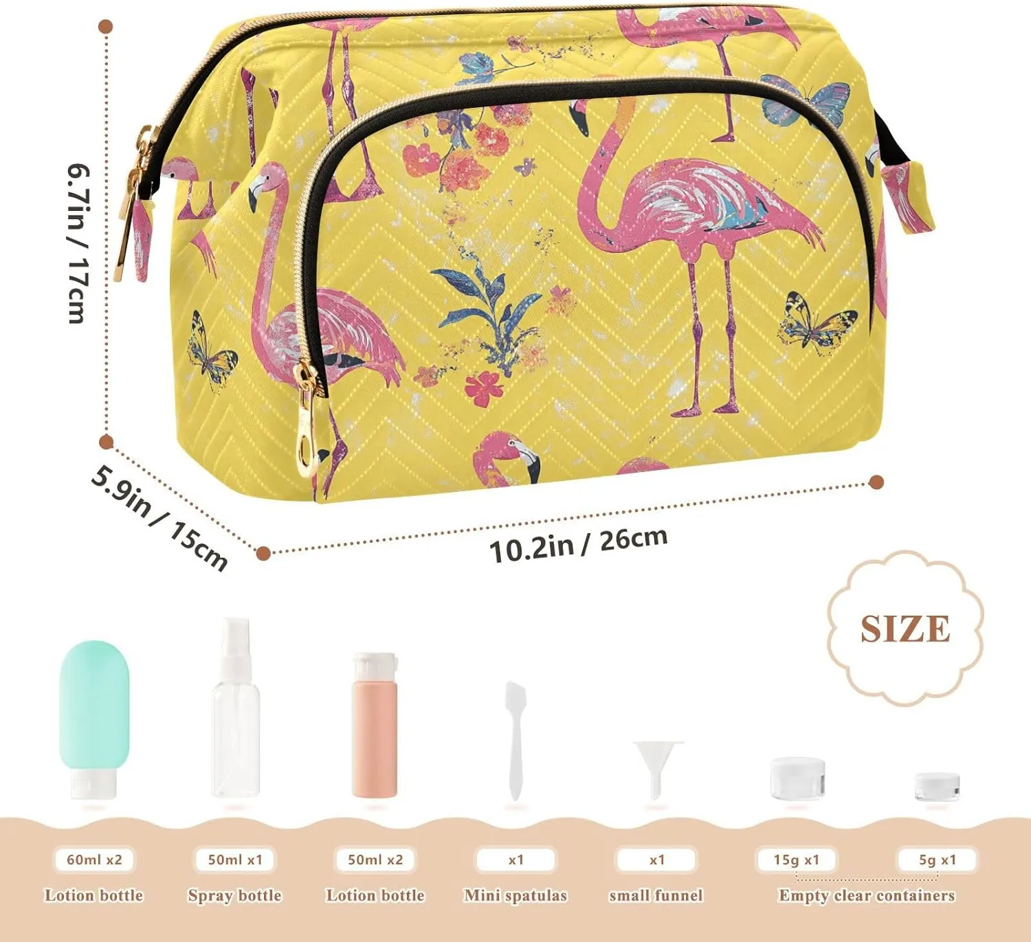 KLL Sweet Flamingo Yellow Makeup Bag Lightweight Bathroom Storage Bag Jewelry for Cosmetic Travel