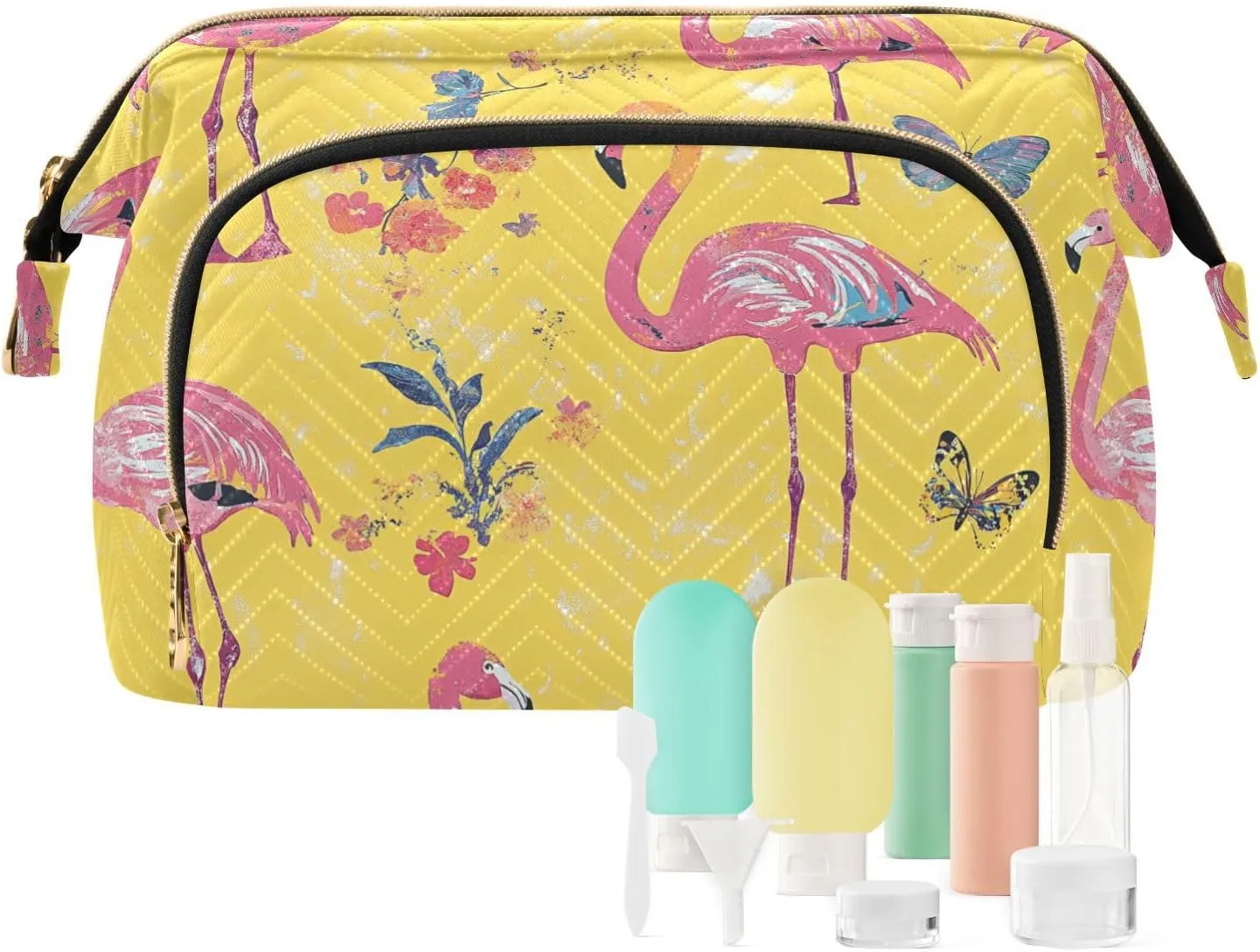 KLL Sweet Flamingo Yellow Makeup Bag Lightweight Bathroom Storage Bag Jewelry for Cosmetic Travel