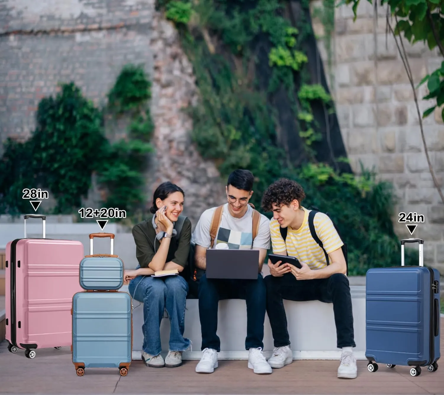 Kono 4 Piece Luggage Sets Expandable(only 28") Lightweight with Spinner Wheels TSA Lock Hardside Travel Rolling Suitcases 20in 24in 28in Carry on and 12in Mini Cosmetic Case Apricot Blue