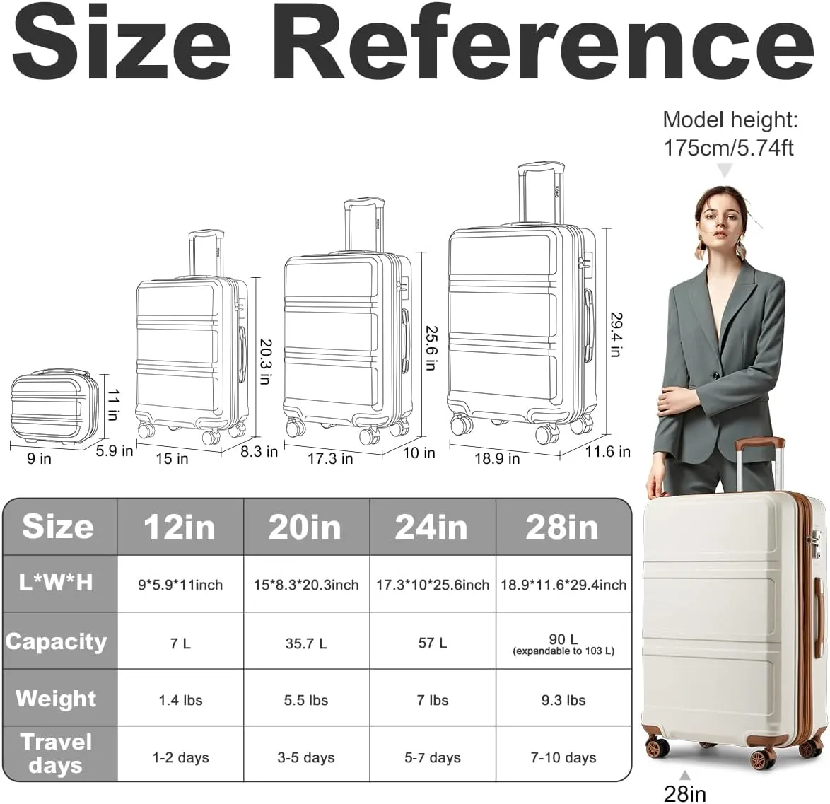 Kono 4 Piece Luggage Sets Expandable(only 28") Lightweight with Spinner Wheels TSA Lock Hardside Travel Rolling Suitcases 20in 24in 28in Carry on and 12in Mini Cosmetic Case Cream White