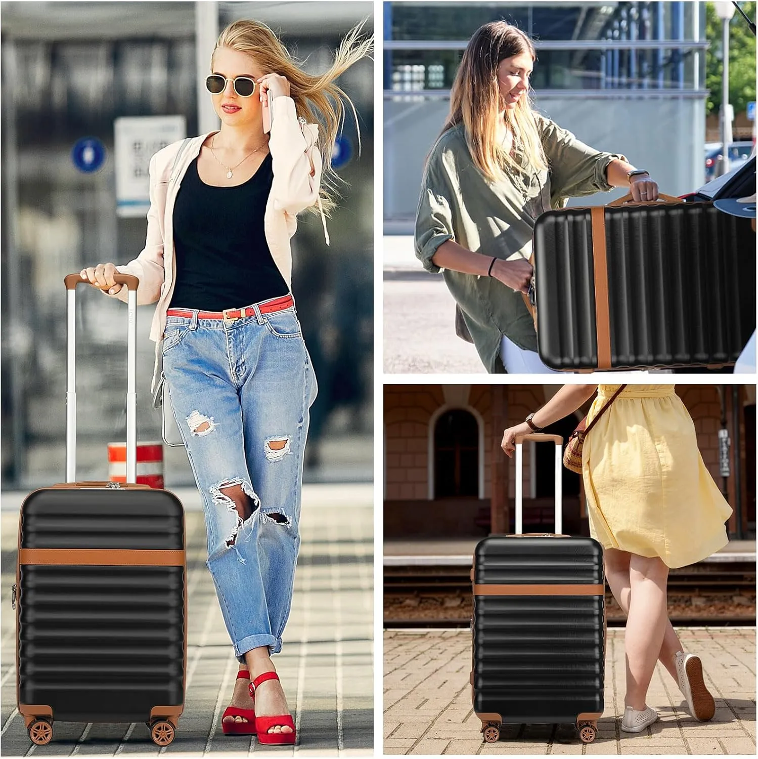 Kono Airline - Approved Carry - On Luggage, 22x14x9 inches, with TSA Lock, 20 - Inch Expandable Lightweight Hardshell Suitcase (Black - Brown, Suitable for 1-3 Days of Travel)