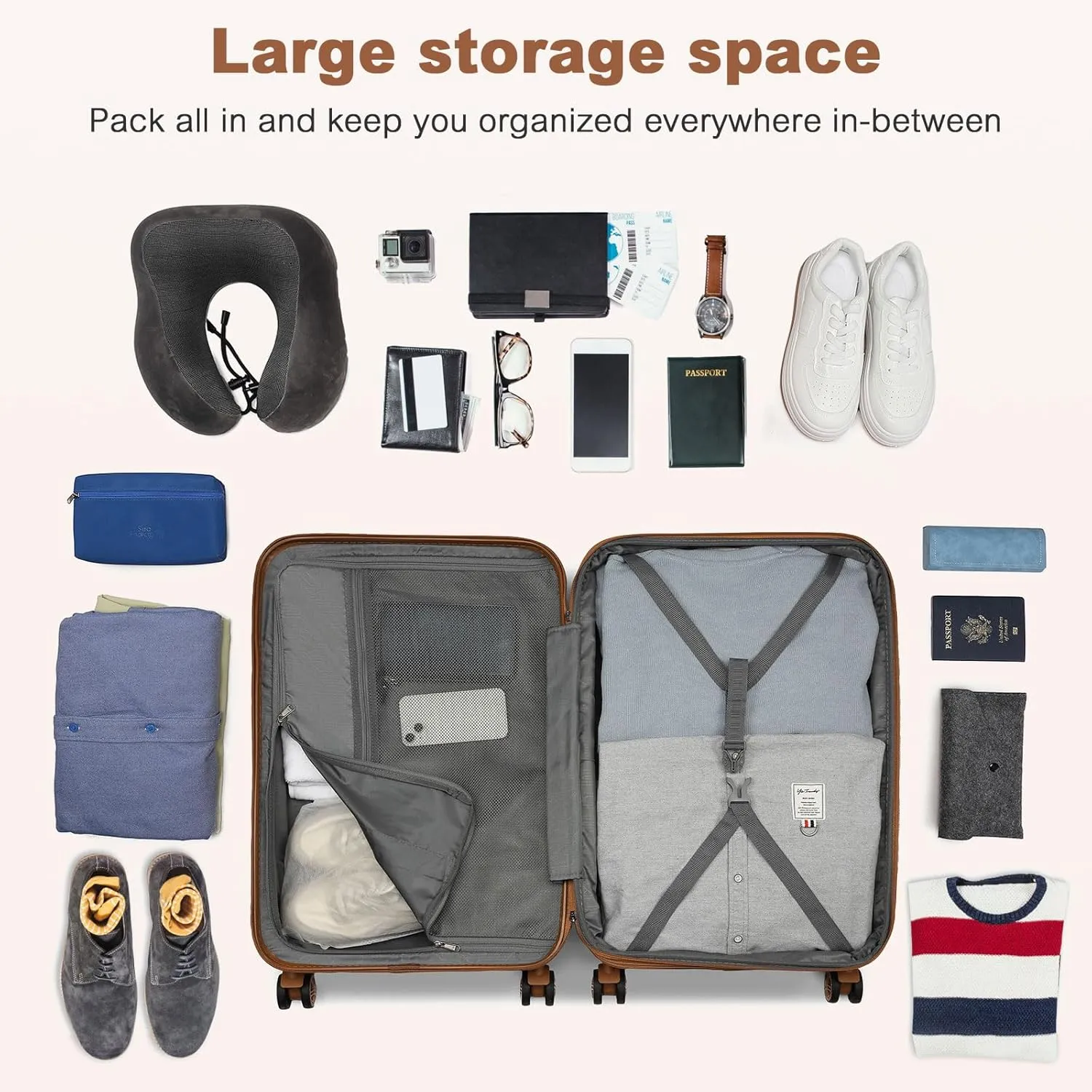 Kono Airline - Approved Carry - On Luggage, 22x14x9 inches, with TSA Lock, 20 - Inch Expandable Lightweight Hardshell Suitcase (Black - Brown, Suitable for 1-3 Days of Travel)
