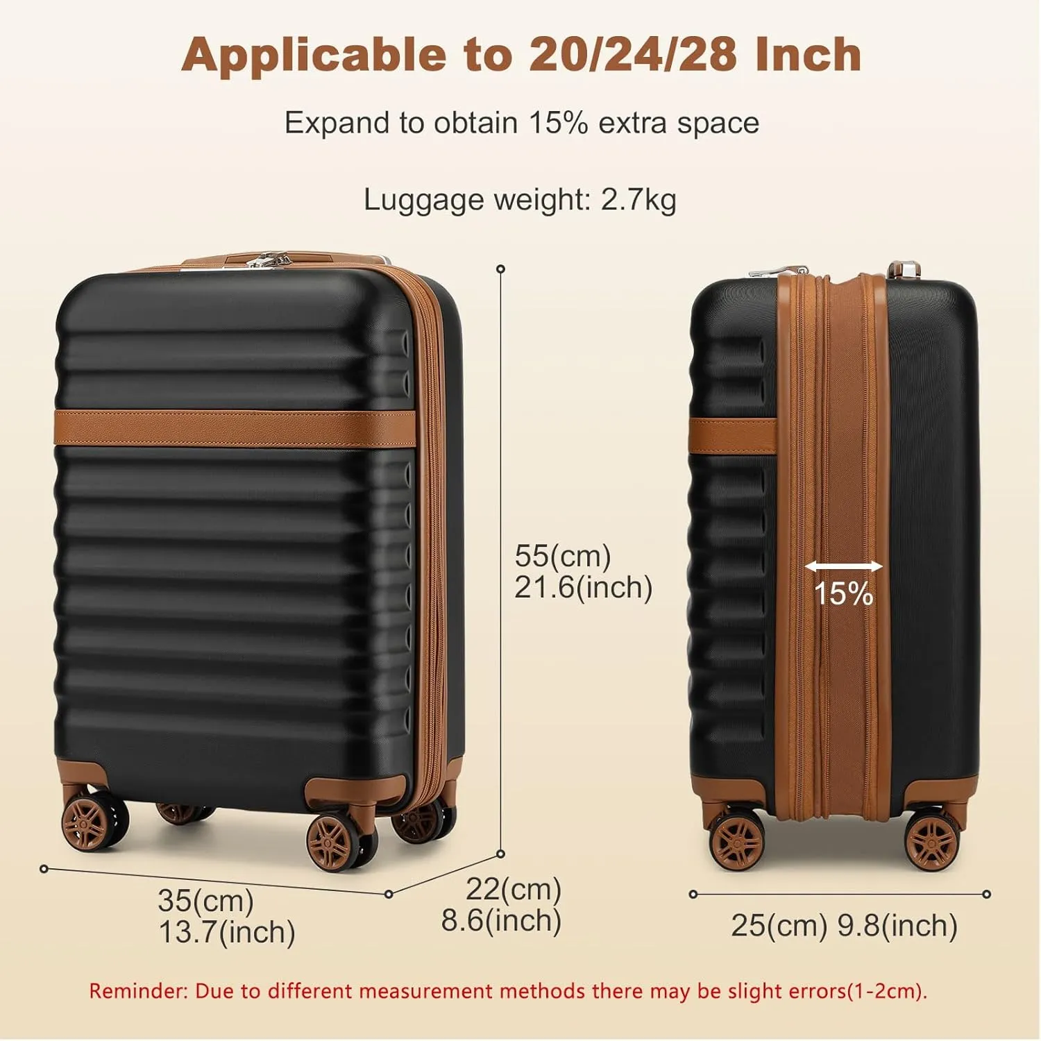 Kono Airline - Approved Carry - On Luggage, 22x14x9 inches, with TSA Lock, 20 - Inch Expandable Lightweight Hardshell Suitcase (Black - Brown, Suitable for 1-3 Days of Travel)