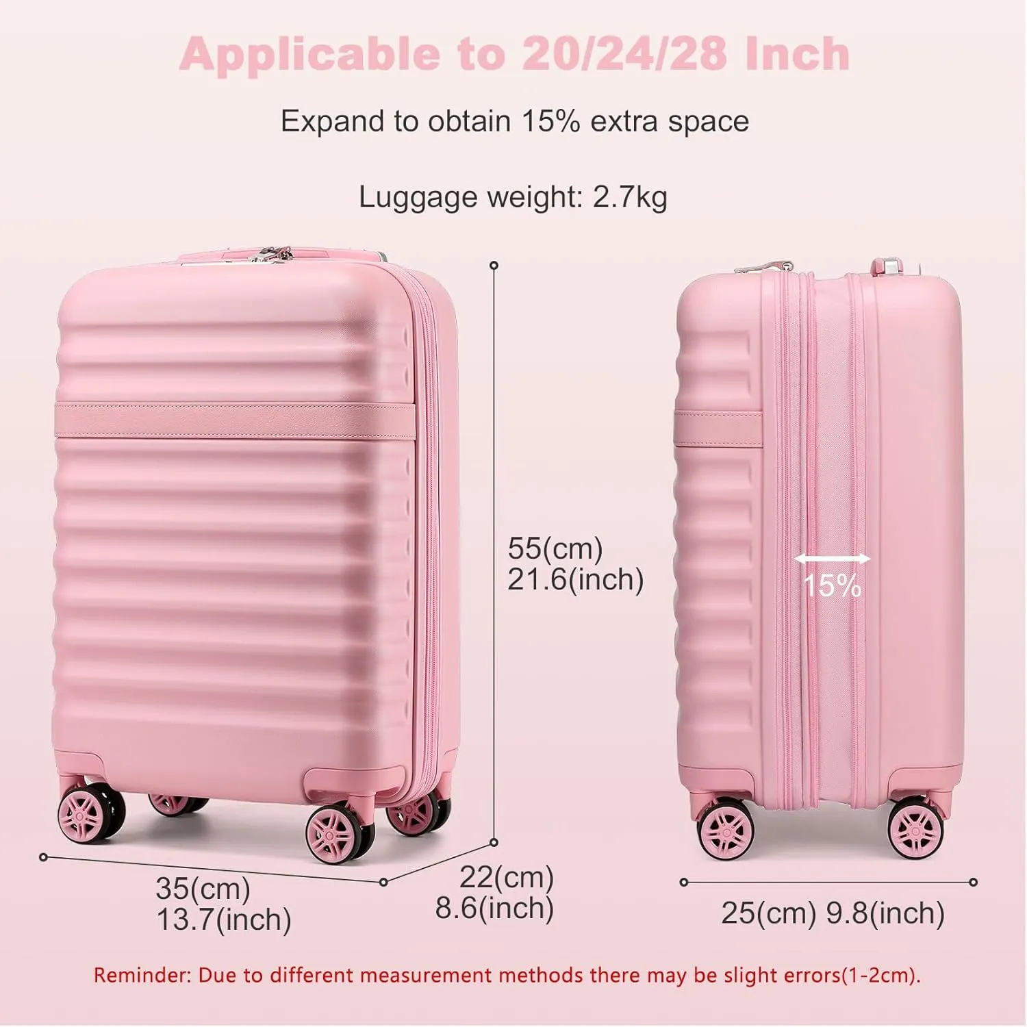 Kono Airline - Approved Carry - On Luggage, 22x14x9 inches, with TSA Lock, 20 - Inch Expandable Lightweight Hardshell Suitcase (Pink, Suitable for 1-3 Days of Travel)