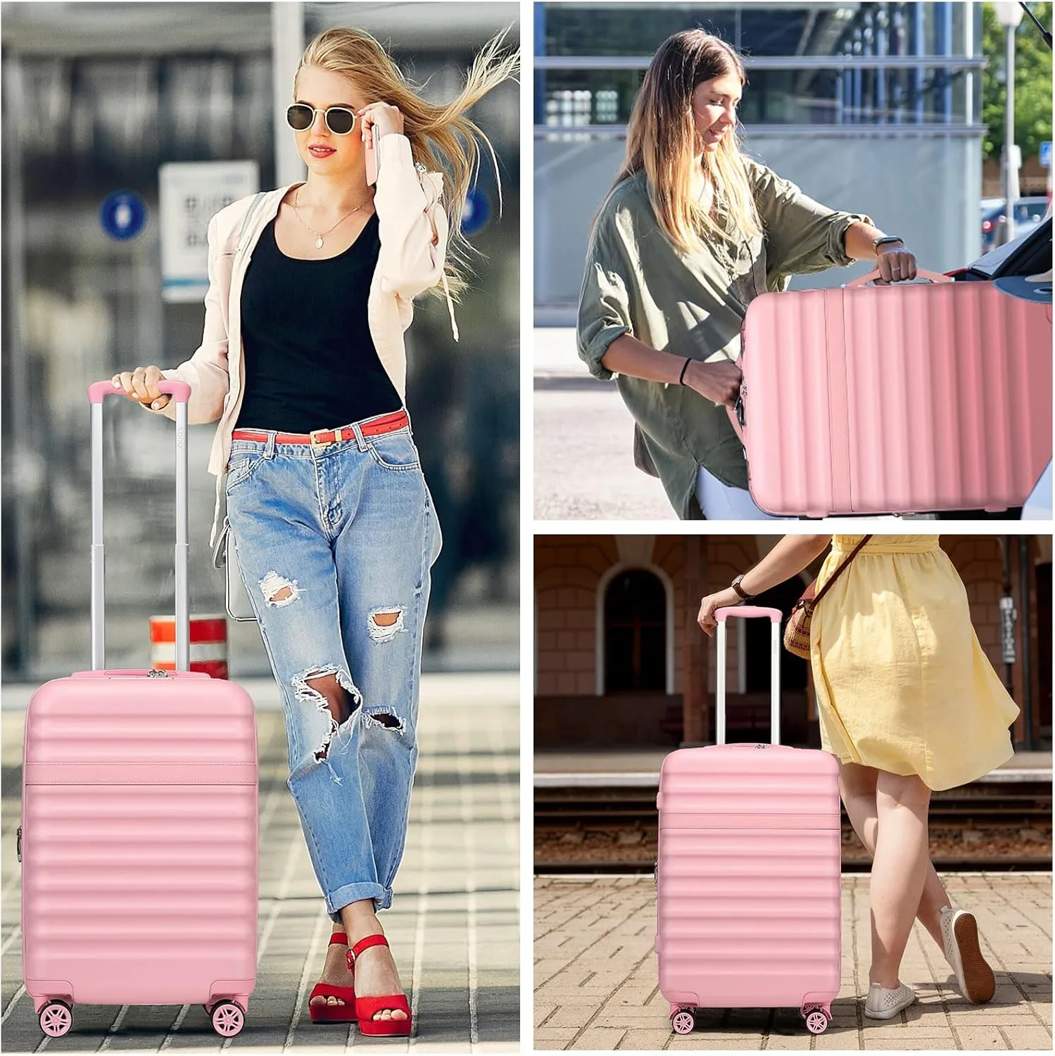 Kono Airline - Approved Carry - On Luggage, 22x14x9 inches, with TSA Lock, 20 - Inch Expandable Lightweight Hardshell Suitcase (Pink, Suitable for 1-3 Days of Travel)