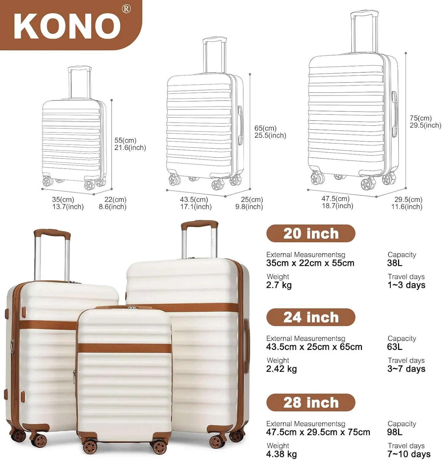 Kono Expandable 28 - Inch Large Checked Luggage: ABS PC Hardside Trolley Travel Case - Hard Shell Suitcase with TSA Lock, Cream - Brown