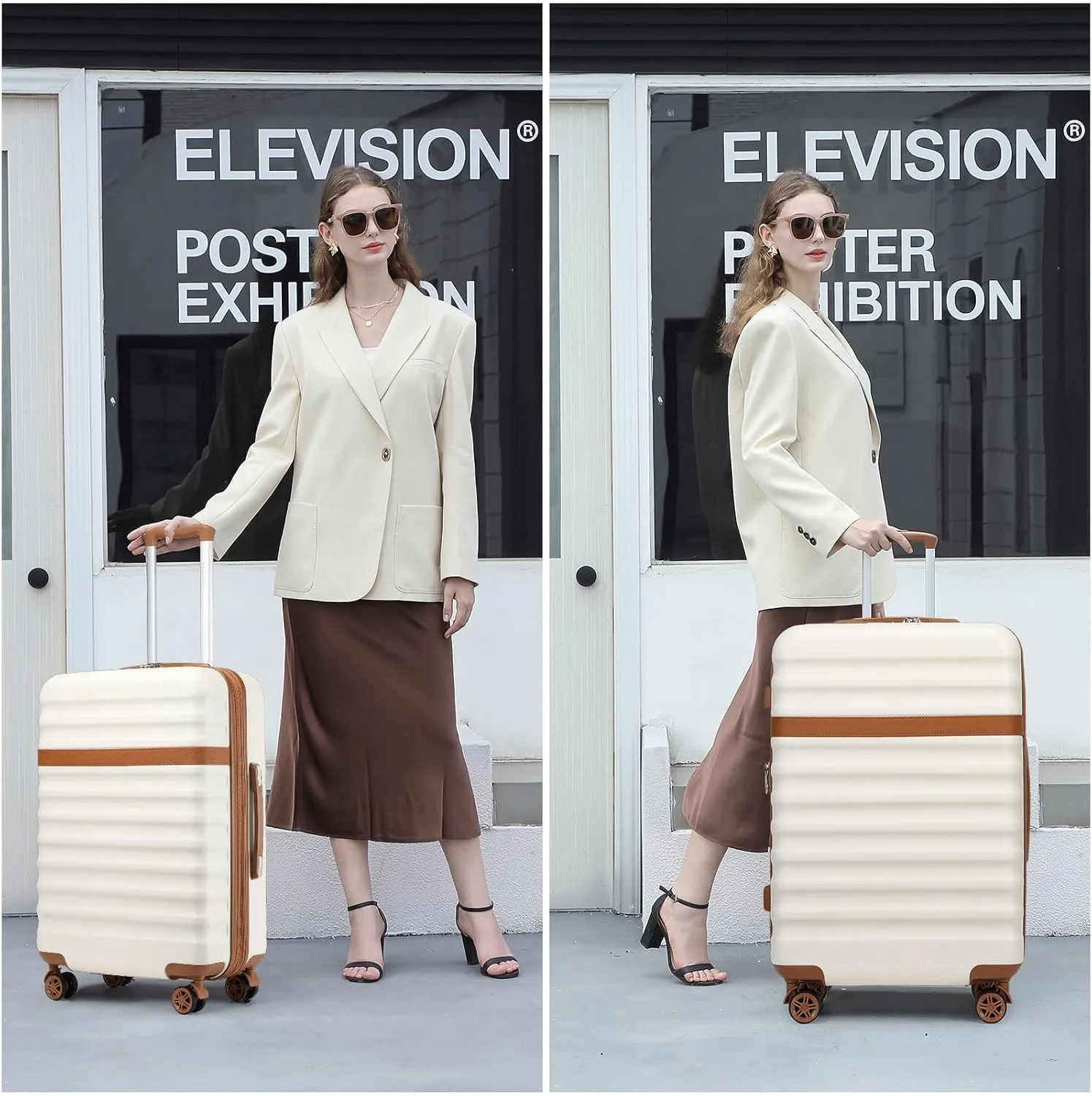 Kono Expandable 28 - Inch Large Checked Luggage: ABS PC Hardside Trolley Travel Case - Hard Shell Suitcase with TSA Lock, Cream - Brown