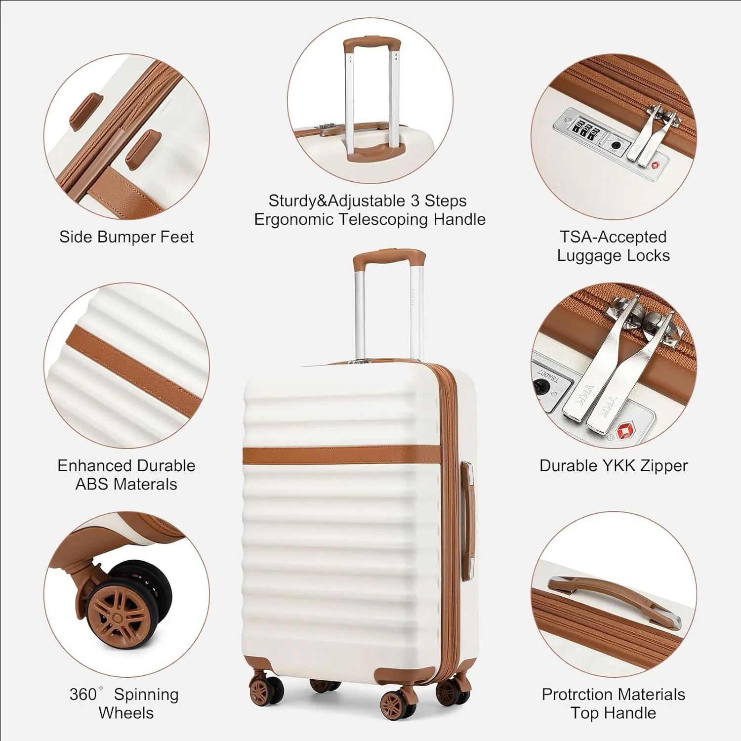 Kono Expandable 28 - Inch Large Checked Luggage: ABS PC Hardside Trolley Travel Case - Hard Shell Suitcase with TSA Lock, Cream - Brown