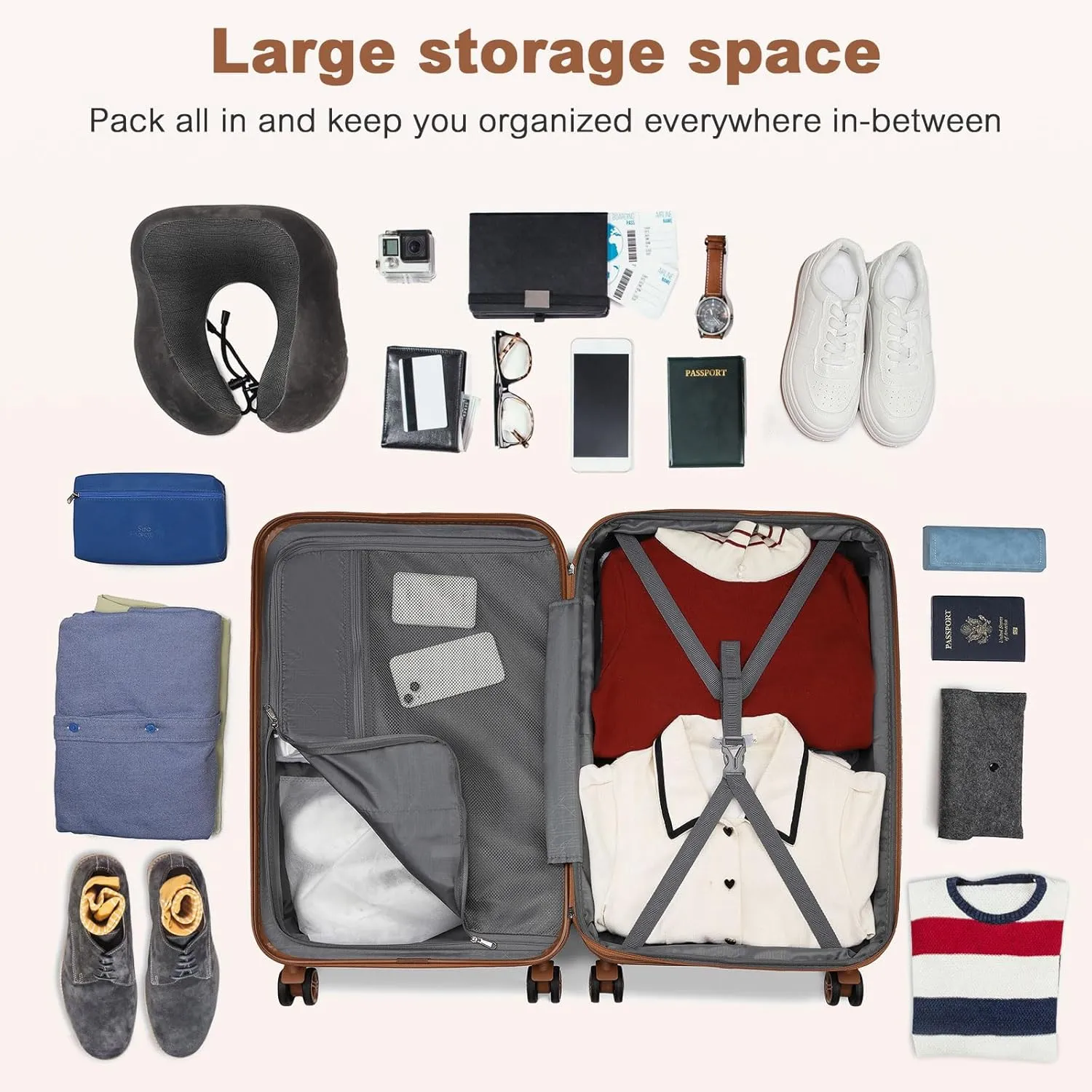 Kono Expandable 28 - Inch Large Checked Luggage: ABS PC Hardside Trolley Travel Case - Hard Shell Suitcase with TSA Lock,Grey Brown