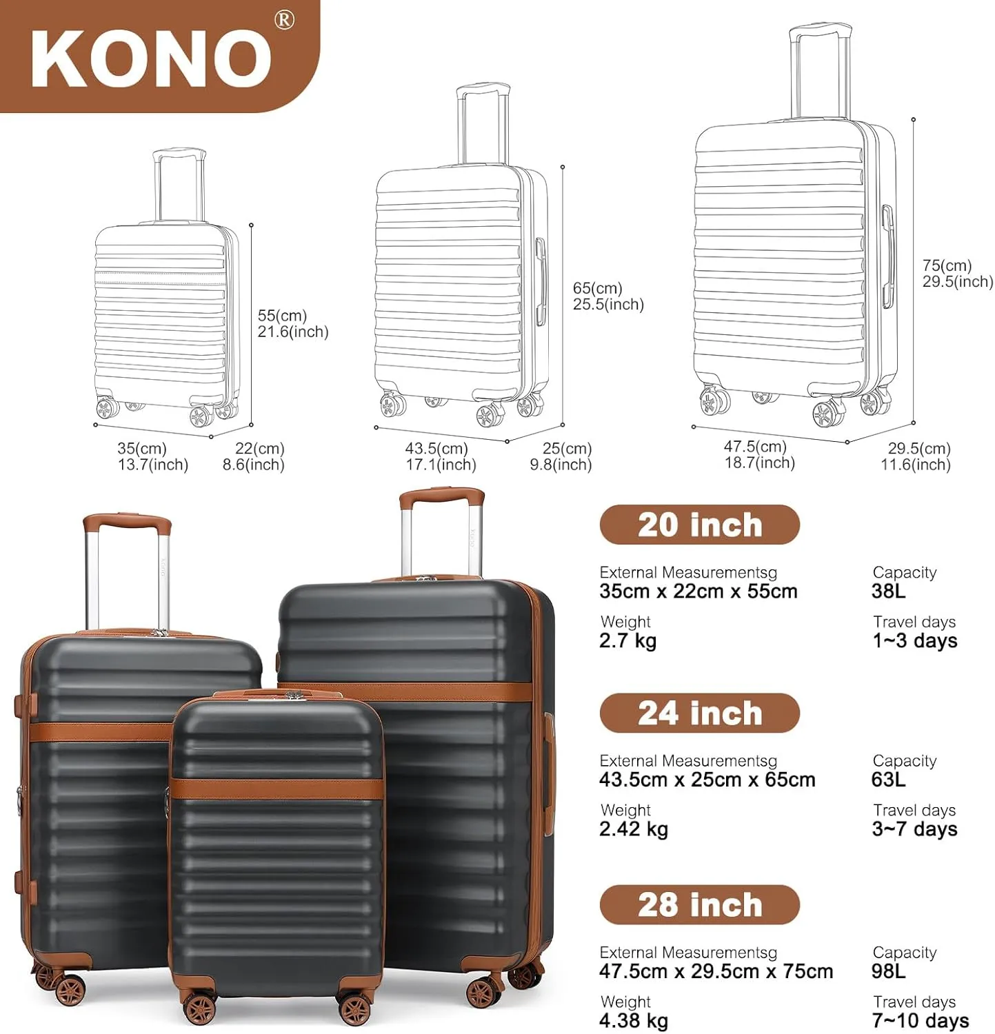 Kono Expandable 28 - Inch Large Checked Luggage: ABS PC Hardside Trolley Travel Case - Hard Shell Suitcase with TSA Lock,Grey Brown