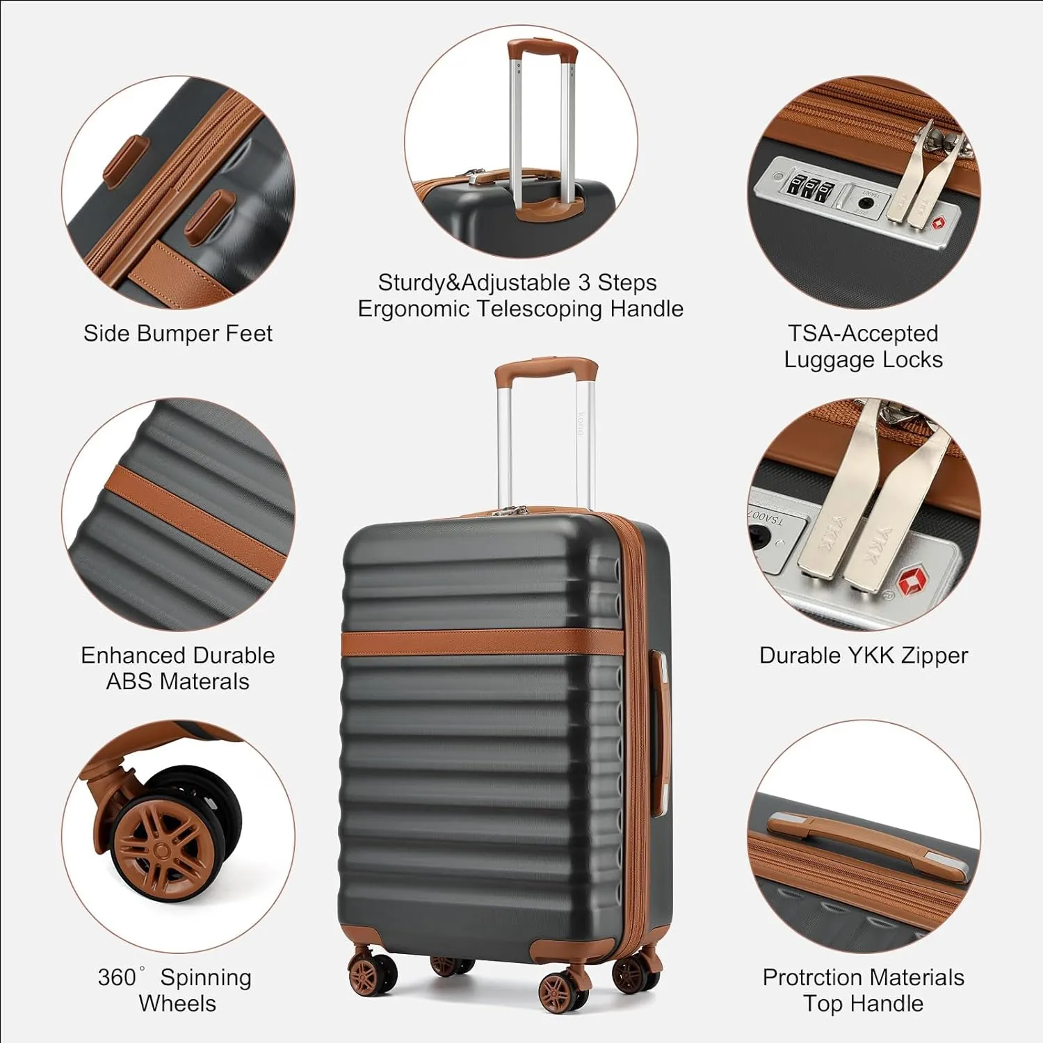 Kono Expandable 28 - Inch Large Checked Luggage: ABS PC Hardside Trolley Travel Case - Hard Shell Suitcase with TSA Lock,Grey Brown