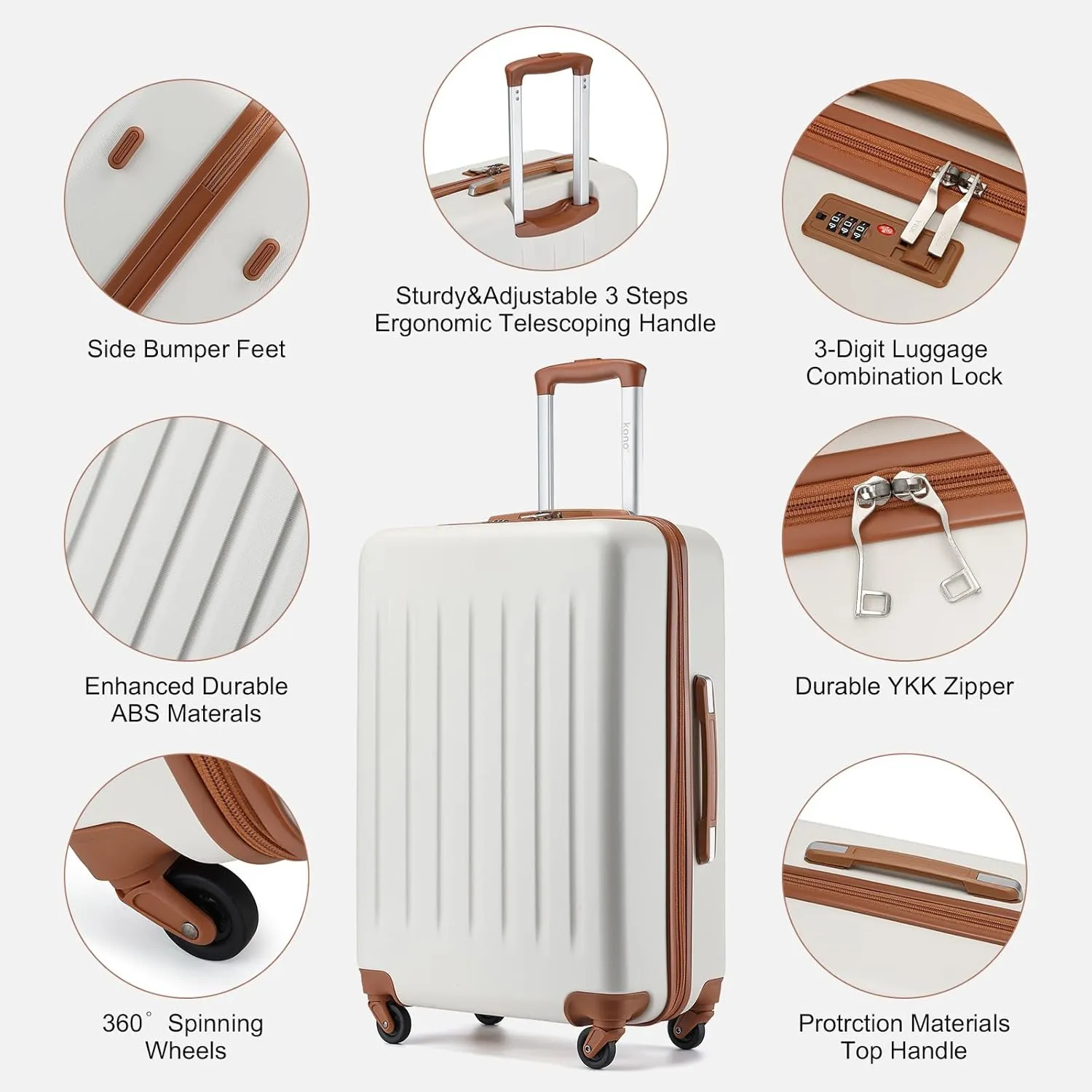 Kono Luggage Sets 5 Piece Suitcases with Wheels, Suitcase Set ABS Hard Case Luggage with Spinner Wheels Durable Travel (Cream White, 5 Piece Set)