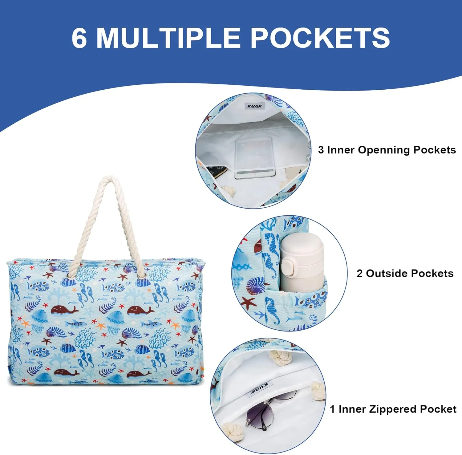 KUAK Beach Bag, Large Beach Bags for Women Waterproof Sandproof Beach Tote Bag with Zipper and Pockets for Pool Family