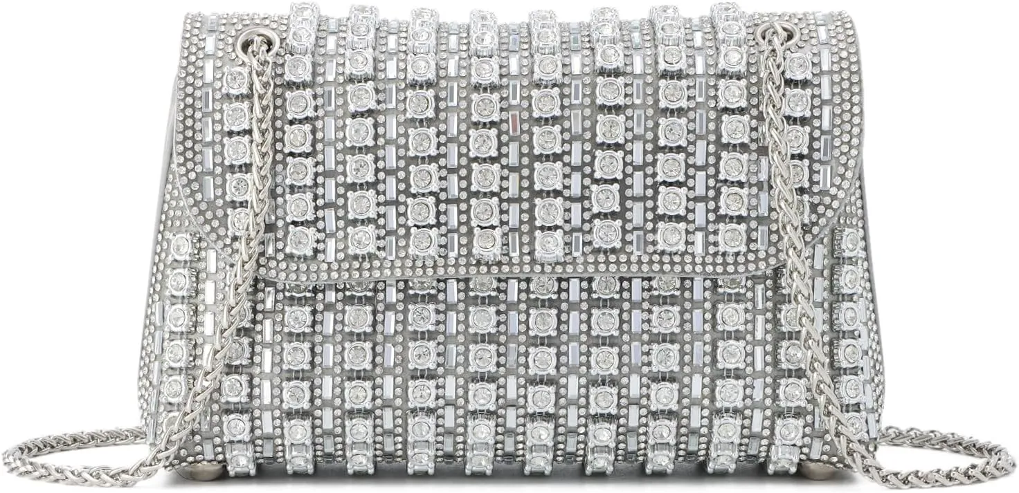 KUANG! Women Crystals Rhinestone Evening Bag Sparkling Banquet Handbag Party Square Clutch Purse with Chain