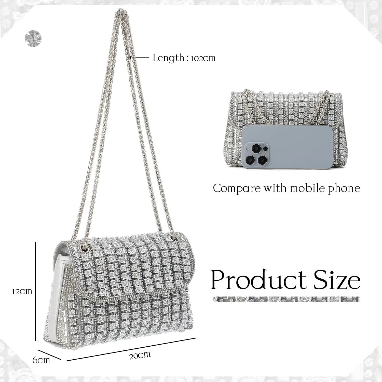 KUANG! Women Crystals Rhinestone Evening Bag Sparkling Banquet Handbag Party Square Clutch Purse with Chain