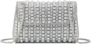 KUANG! Women Crystals Rhinestone Evening Bag Sparkling Banquet Handbag Party Square Clutch Purse with Chain